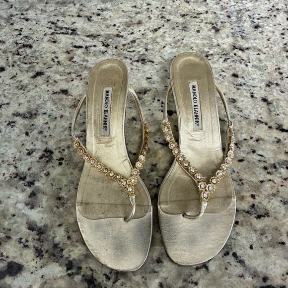 Manolo Blahnik Gold Crystal Sandals - Picture 1 of 7